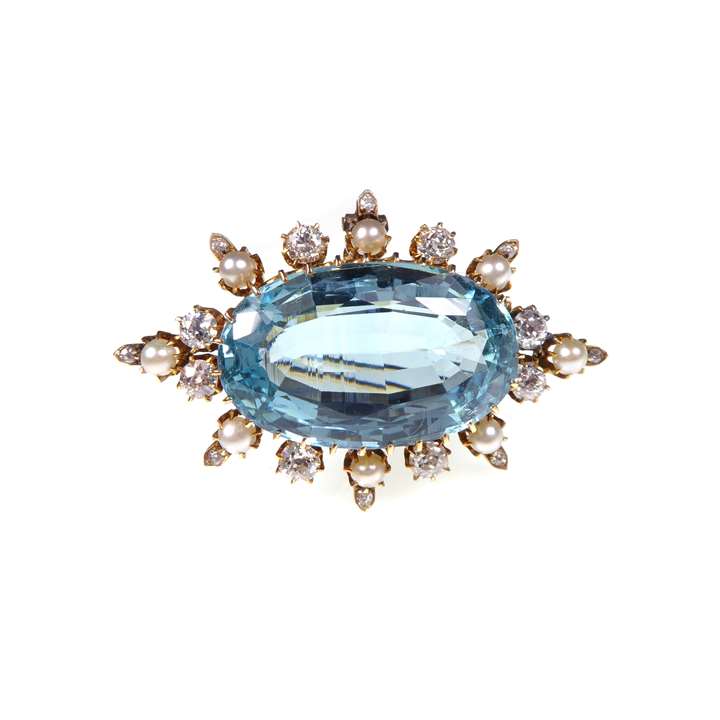 Antique aquamarine, diamond and pearl oval cluster brooch, with pendant fitting